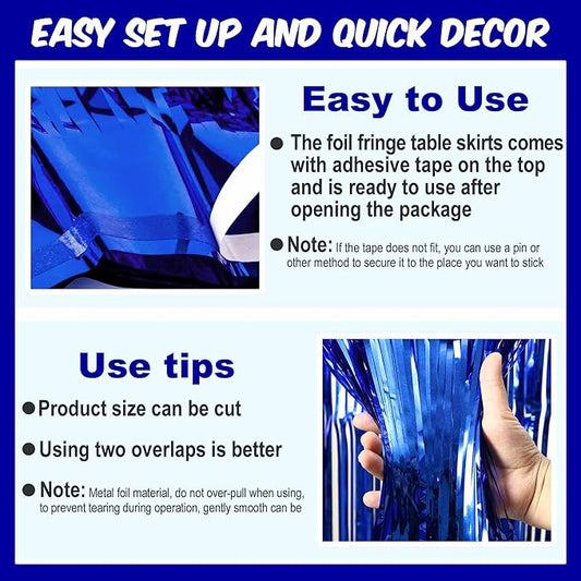 3 Pack 29 x108 Inch Blue Foil Fringe Table Skirts Metallic Banner for Tinsel Streamer Garland Backdrop for Parade Floats Mother's Day, Graduate, Birthday, Wedding Party Decoration
