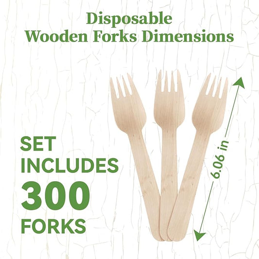ECOLipak 300 Count Wooden Forks Disposable, Wooden Disposable Compostable Forks for Eating, Party, Camping, Traveling, Family Dinners