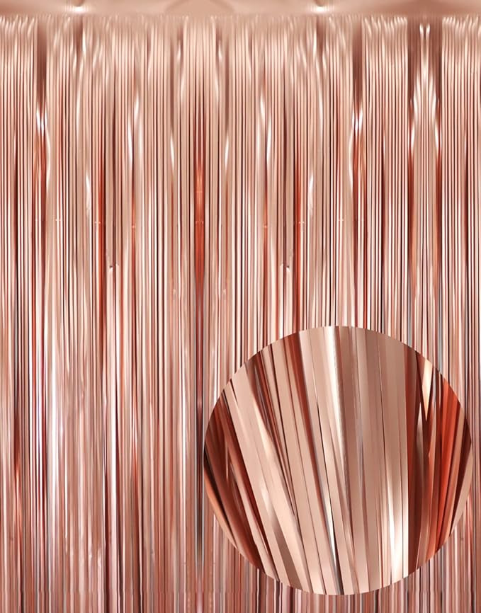GOER 3.2 ft x 8.2 ft Metallic Tinsel Foil Fringe Curtains Party Photo Backdrop Party Streamers for Birthday,Graduation,New Year Eve Decorations Wedding Decor (1 Pack,Matte Rose Gold,Thick Material)