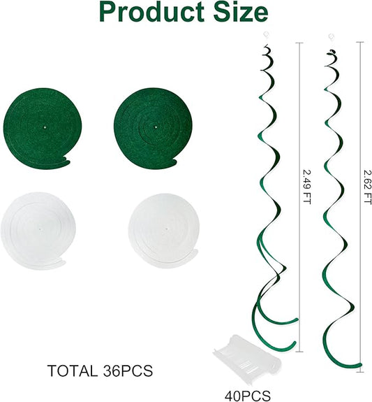 36 Pcs Green White Hanging Swirl Decorations Felt Swirl Streamer Spiral Ceiling Garland for Birthday Graduation Wedding Retirement Baby Shower Spring Summer Christmas Masters Golf Party Decor Supplies