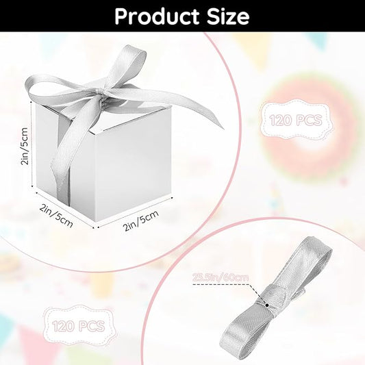 EUSOAR Small Gift Boxes with Lids, 120pcs 2x2x2 Inches Silver Party Favor Box Advent Calendar Boxes with Ribbon, Cube Candy Box Mini Muffins Bags Macaron Container for Wedding Birthday Party Supplies