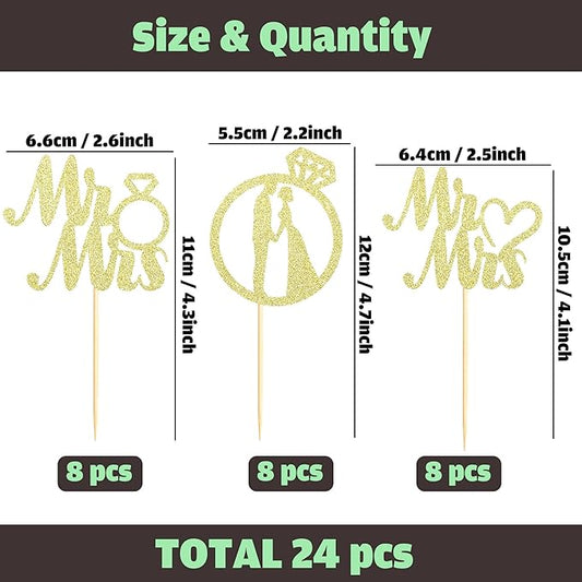 Sotpot 24PCS Miss to Mrs Cupcake Toppers with Ring Gold Glitter for Wedding Bridal Shower Wedding Engagement Party Cake Decorations