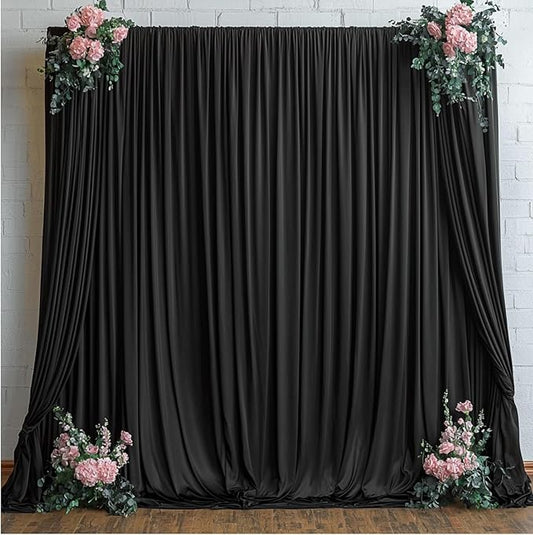 10ftx12ft Wrinkle Free Black Backdrop Curtain, 2 Panels 12FT Height Black Wedding Backdrop Drapes, Silky Polyester Back Drop Cloth for Birthday Photography Background Party Backdrop Draping