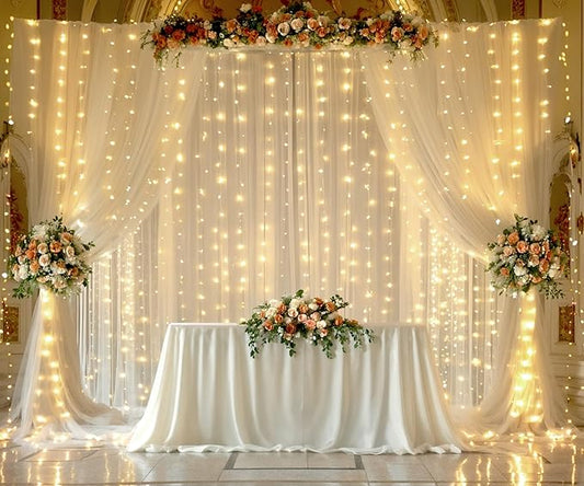 Champagne Tulle Photo Backdrop Curtain with Lights String for Parties Wedding Bridal Shower Sheer Champagne Curtain Backdrop for Birthday Party Baby Shower Photo Booth Photography 20ft x 10ft