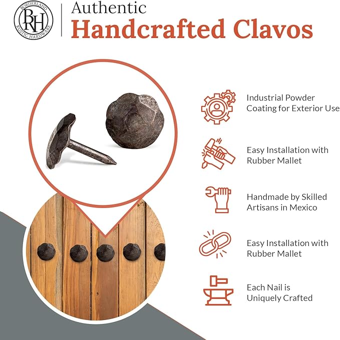 10 Pack 0.75" Round Head Iron Clavos Decorative Nails – Unfinished – Handmade Rustic Round Fasteners for Farmhouse Shutters, Faux Wood Beams, Barn Doors, Shutters, Gates – Ornamental Wood Accent