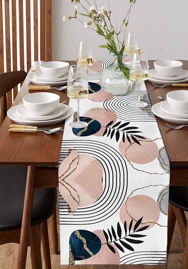 Modern Boho Cotton Linen Table Runner for Dining Kitchen, Wedding Outdoor Party Tablerunners Decoration, Abstract Bohemian Tropical Palm Leaf Dresser Scarf Coffee Tablecloth Runners 13x36 Inches