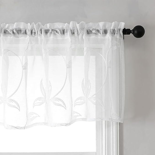 VISIONTEX Sheer Voile Curtain Valances, Decorative Leaves Embroidered, Rod Pocket Window Treatment for Kitchen/Rustic Bedroom/Living Room (54 x 16 Inch,1 Panel)