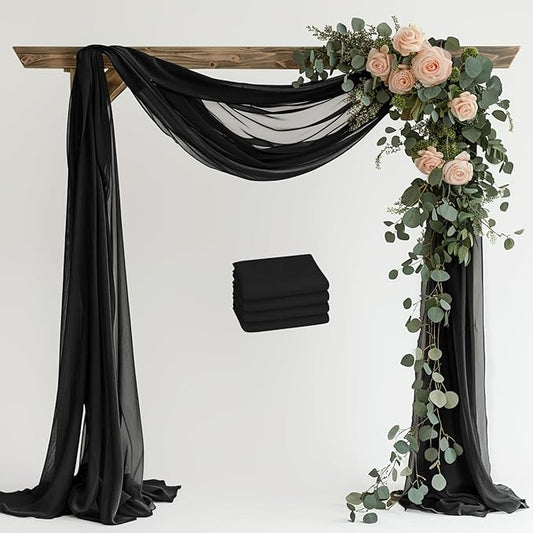 Wedding Arch Draping Fabric 4 Panels 28.7" x 20FT Black Sheer Chiffon Backdrop Drapes for Wedding Ceremony Birthday Party Bridal Shower Outdoor Decoration