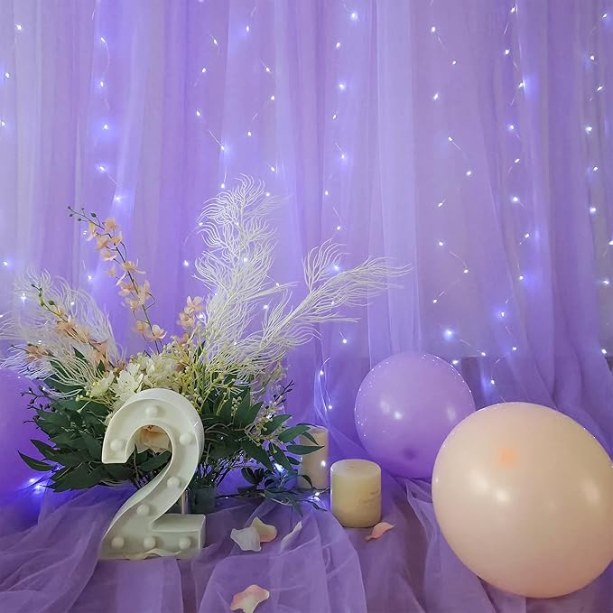 Lavender Tulle Photo Backdrop Curtain with Lights String for Parties Wedding Bridal Shower Sheer Lavender Curtain Backdrop for Birthday Baby Shower Photo Booth Photography 10ft x 8ft