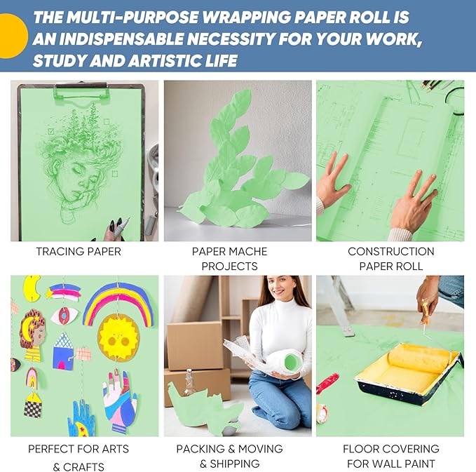 Light Green Wrapping Paper, 15"x450" Solid Color Art Craft Poster Kraft Bulletin Board Decorative Paper Roll, Birthday Anniversary Wedding Easter Eid St Patricks Day Bouquet Flower Gift Wrap