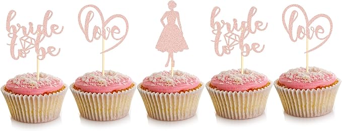 Sotpot 24PCS Bride to Be Cupcake Toppers with Heart Rose Gold Glitter Dress Bridal Shower Cupcake Picks for Wedding Bridal Shower Wedding Engagement Party Cake Decorations