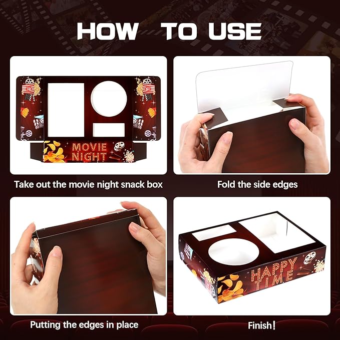 Faccito 36 Pcs Movie Night Snack Trays Movie Theater Snack Boxes Night Supply Disposable Paper Holder Tray for Popcorn Food Candy Drink Party 8 x 6 Inch(Dark Red,Retro Style)