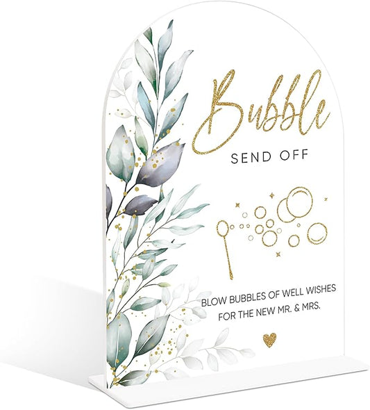 Acrylic Wedding Signs, Greenery Theme Bubbles Send Off Sign, Wedding Reception Signage, Bridal Shower Table Decor with Stand, Engagement, Anniversary, Newlywed Events and Parties Supplies, 14