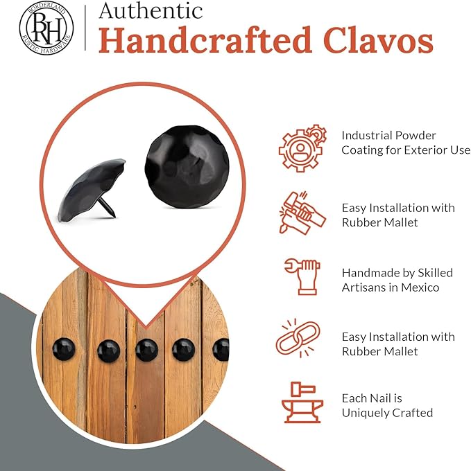 10 Pack 2" Round Head Iron Clavos Decorative Nails – Black – Handmade Rustic Round Fasteners for Farmhouse Shutters, Faux Wood Beams, Barn Doors, Shutters, Gates – Ornamental Wood Accent