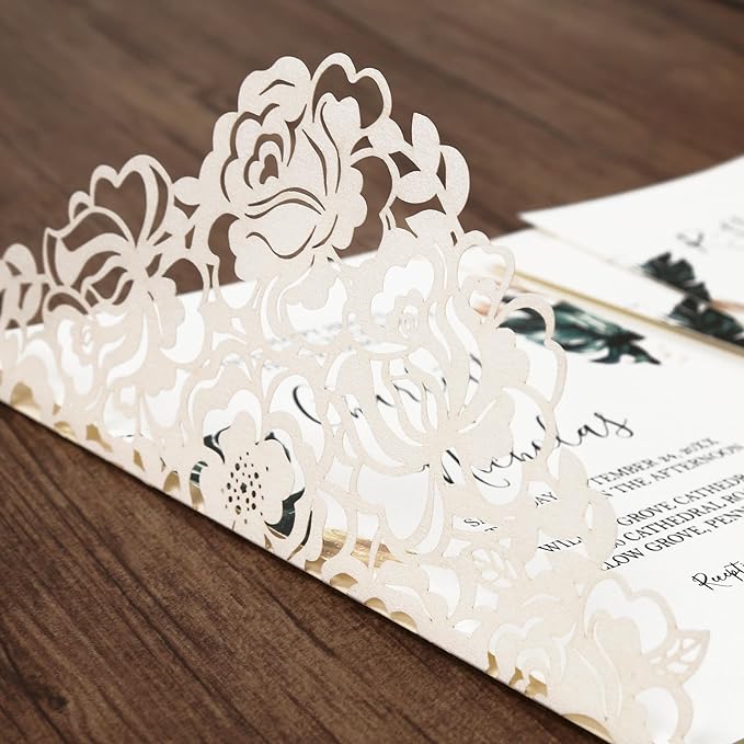 DORIS HOME 50pcs Laser Cut Wedding Invitation Pockets with Envelopes Ivory White, 5.12" x 7.12"Invitation Cards for Wedding, Anniversary (No Inserts Included)