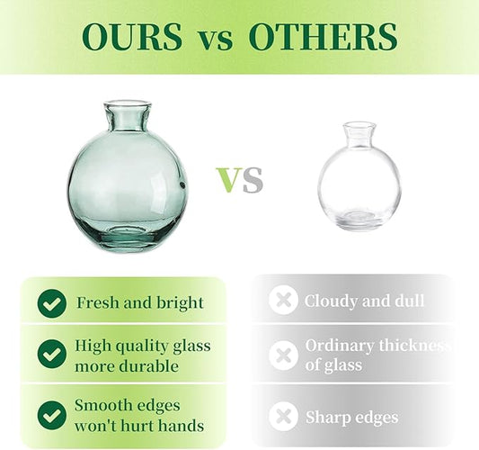 Glass Bud Vases Set of 6, Hewory Cute Green Small Vases Handmade, Mini Glass Flower Vase for Floral Arrangements, Tiny Centerpiece for Home Office Wedding Party Events Table Decor (Not Include Flower)