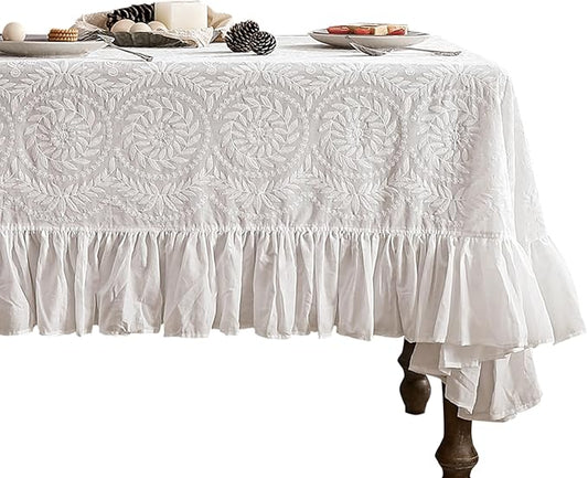 patdrea Vintage Ruffle Tablecloth for Square Tables,Farmhouse Embroidered Cotton White Lace Table Cloth Cover Decor for Dining Room Wedding Banquet Thanksgiving Christmas,59"*59"