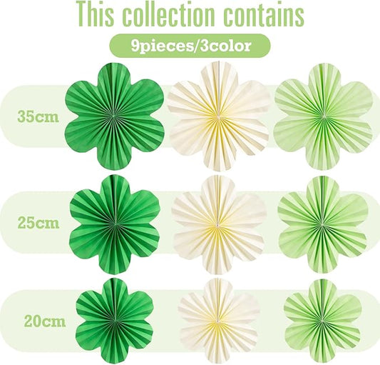 SUNBEAUTY Paper Flowers Decorations for Wall Paper Fans Classroom Decoration Paper Floral Backdrop Decor Paper Fans Decoration Hanging Paper Fans Green Flower Wall Decor,Set of 9
