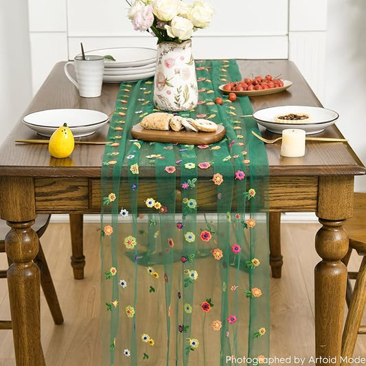 Artoid Mode Dark Green Embroidery Daisy Gauze Table Runner 120 Inch 10FT, Seasonal Sheer Kitchen Dining Holiday Wedding Birthday Table Decor for Home Party