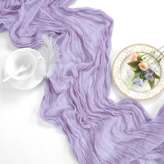 6 Pack Lilac Purple Table Runner 10ft Boho Gauze Fabric Cheesecloth Table Runner 35 x 120 Inch Rustic Sheer Runner for Romantic Wedding Decor Baby Shower Party Table Centerpiece Decoration