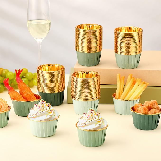 Geiserailie 100 Pcs Sage Green Cupcake Liners Gradient Green Cupcake Foil Wrappers Snack Bowls for Parties Wedding Bridal Shower Birthday Supplies