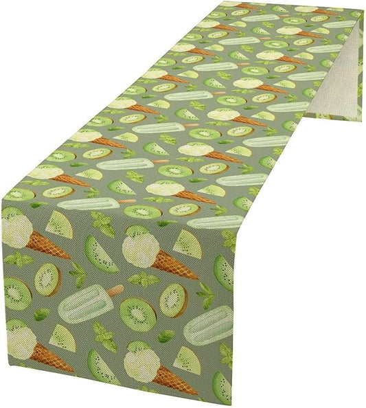 Summer Ice Cream Popsicles Table Runner, Watercolor Green Kiwi Seasonal Fruit Sweet Dessert Dinner Runner for Party Holiday Home Kitchen Dining Table Decor 13"x108"