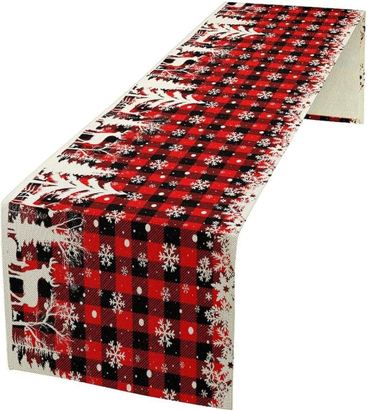 Christmas Table Runner,Red Black Plaid Xmas Snowflakes Deer Trees Print Tablecloth Burlap for Hotel Indoors Outdoor Dining Room Kitchen Home Decor,W13X L70 in