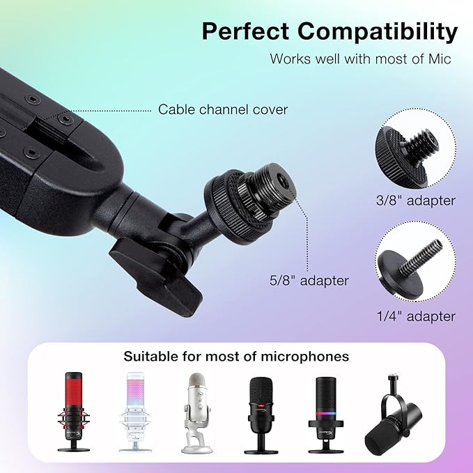 Boom Arm with RGB Light - Mic Arm for HyperX QuadCast, Blue Yeti, Shure SM7B, Rode and Most Gaming Mic, Height adjustable Mic Boom Arm Microphone Arm, Desk Mic Stand for Most USB Microphone By SUNMON