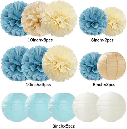 Dusty-Blue Champagne Party-Decorations Paper-Flowers Lanterns - 15pc Boho Beige Gold Tissue Pom Poms Streamers,Birthday Bachelorette Bridal Baby Shower Engagement Wedding Graduations Decor Panduola