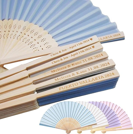 Personalized Engraved Silk Fans Folding Hand Fans 15 Pcs, Light Blue Summer Wedding Fans, Custom Imitated Silk-Bamboo Fans for Guests Wedding Party Favor Bridal Shower Gifts Party Decoration