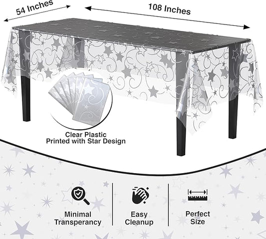 Exquisite Clear Silver Star Tablecloth Plastic 12-Pack Disposable Rectangle Tablecloths 54" x 108" Silver Star Table Cloths Rectangle Table Covers Plastic Tablecloth for Party Decorations