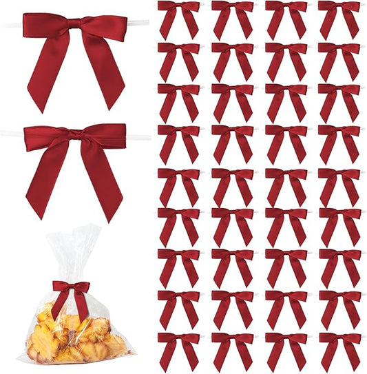 50Pcs Wine Red Twist Tie Bows for Gift Wrapping 2.5" Satin Ribbon Bow for Treat Bags Cake Balloons Birthday Party Favors Wedding Decorations