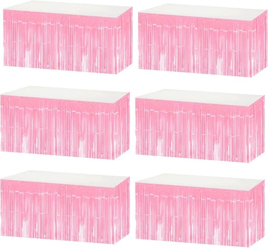 6 Pack 29x108 Inch Metallic Foil Fringe Tinsel Table Skirts Banner for Rectangle Tables Streamer Garland Curtains Backdrop for Birthday, Parade Floats, Valentine's Day Party Decoration(Macaron Pink)