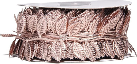 BASOKAN Rose Gold Leaves Ribbon for Wedding Party Home Decorations - 20 Yards - Leaf Trim Rope for Garland and DIY Crafts