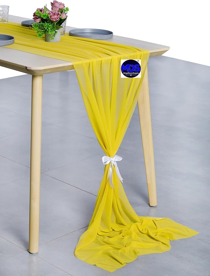 MDS Halloween Chiffon Table Runner - 15 Pack, 29 x 170 Inches, 14ft Each - Sheer Spooky Table Runners for Haunted House Parties, Trick-or-Treat Tables, Witchy Décor, Wedding & Events - Yellow