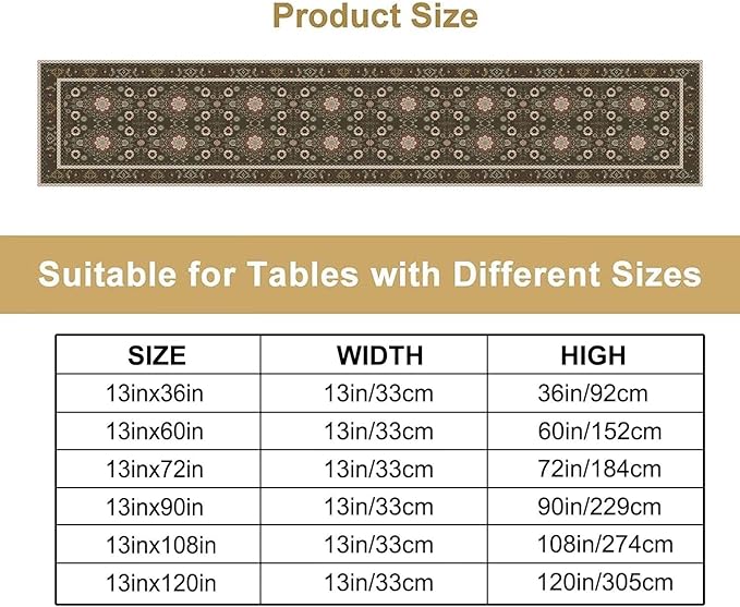 Vintage Boho Floral Table Runner, Rustic Country Farmhouse Brown Bohemia Flower Pattern for Home Kitchen Table Decor Dining Coffee Room Party Decor 13x108in