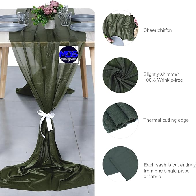 MDS 25 Pack 10ft Chiffon Table Runner 29 x 120 Inches Sheer Wedding Runner Romantic Rustic Table Runner for Wedding Decorations, Birthday Parties, Bridal Shower Party Arch Decor - Olive Green