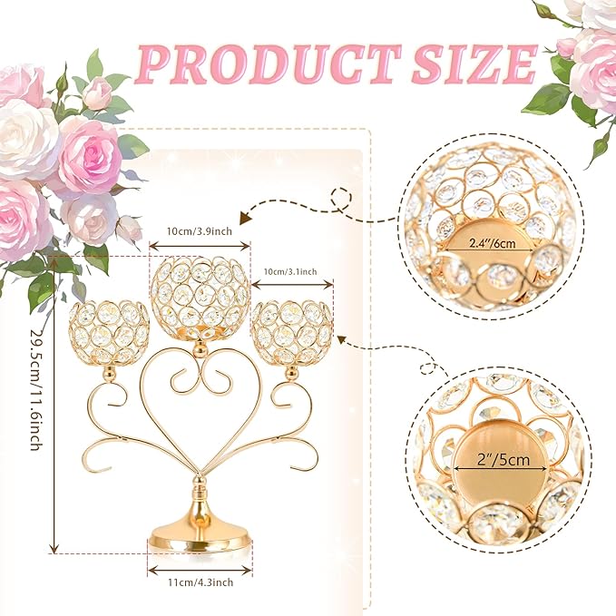 2 Pcs 3-Arm Heart Tea Light Candle Holder - Crystal & Metal Wedding Centerpiece Decor, Sparkling Table Decor for Anniversaries/Romantic Tabletop Home/Dinner Party/Events (2, Gold)