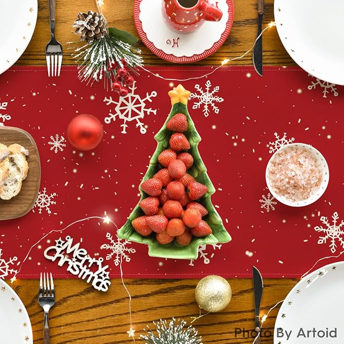 Artoid Mode Red Snowman Snowflake Let it Snow Winter Table Runner, Seasonal Christmas Kitchen Dining Table Decoration for Home Party Decor 13x120 Inch