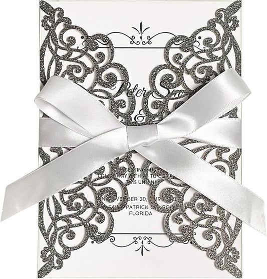 50Pcs Laser Cut Black Wedding Invitation With Glitter Envelopes And Ribbons Blank Personalized Card Invitaciones Para quinceañera Birthday Baby Shower Christmas Party Bridal Shower