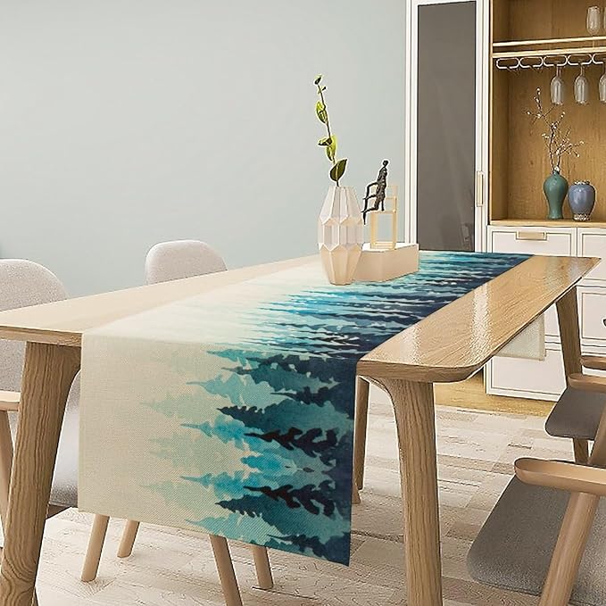 Misty Forest Table Runner,Foggy Blue Forest Landscape Table Runner for Kitchen Dining Table Home Party Decoration 13x36 Inch