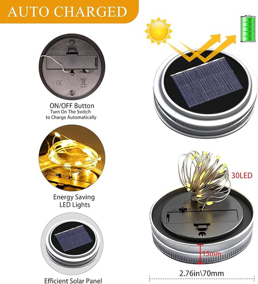 ZNYCYE Mason Jar Solar Lights for Outside, 6 Pack 30 LED Fairy Lights Mason Jar Solar Lids Outdoor Waterproof String Lights with Hangers (No Jars) for Patio Garden Yard Lawn Decor - Warm White