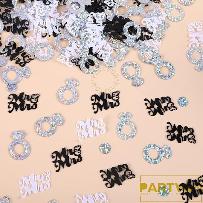 Wedding Party Table Confetti– 1.5 OZ | Mr and Mrs Diamond Ring Confetti for Wedding Shower Engagement Party Decorations I Cake Table Decor Supplies