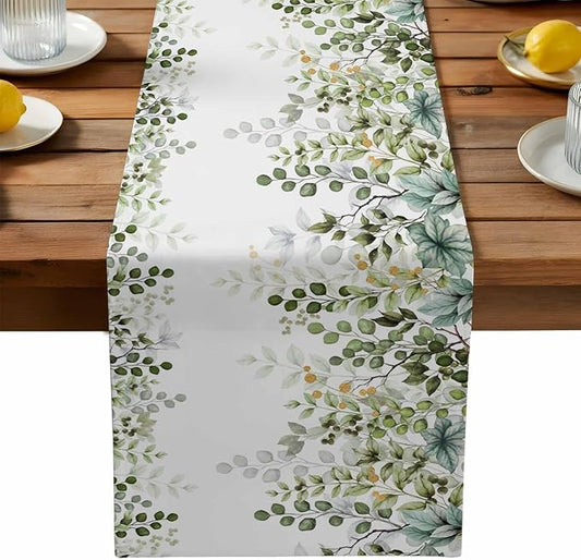 Sage Green Eucalyptus Cotton Linen Table Runner for Dining Kitchen,Farmhouse Leaves Botanical Floral Wedding Outdoor Party Tablerunners Decoration Dresser Scarf Coffee Tablecloth Runners 13x120 Inches