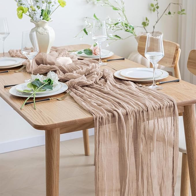 Asee'm 6pcs Cheesecloth Table Runner 120 Inches Long Nude Pink Boho Gauze Cheese Cloth Runner 10FT Rustic Sheer Table Runners for Christmas Wedding Party Baby Shower Spring Easter Decoration