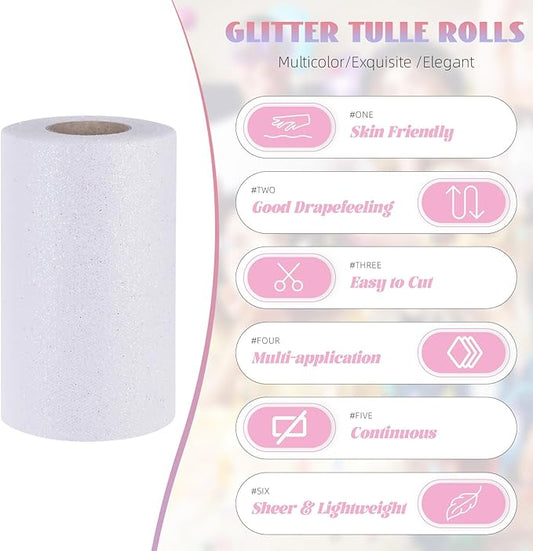 Glitter Tulle Rolls 6” by 50 Yards Sparkle Tulle Fabric Ribbon Sequin Tulle Netting Rolls for DIY Tutu Skirt Wedding Birthday Party Decoration (White/Color)