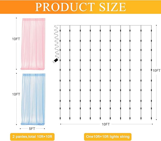 Fomcet Tulle Curtains with Lights String Pink and Blue 10FT X 10FT Sheer Backdrop Curtains for Parties Wedding Baby Shower Photo Shoot Decorations (2 Panels 5 x 10FT)