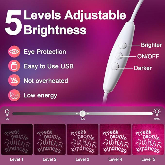 Treat People with Kindness Neon Sign,Pink Led Neon Signs for Wall Decor,Dimmable Inspiring Letter Neon Lights USB Be Kind Light Up Signs for Bedroom Classroom Kids Room,Gift for Boys Girls