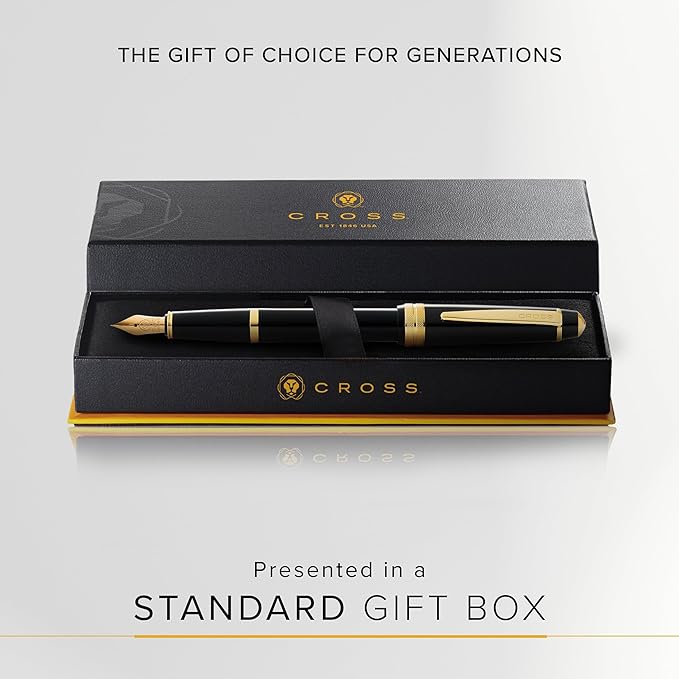 Cross Bailey Light Refillable Fountain Presented in a Everyday Gift Box - Medium Point, Black Ink, Polished Black