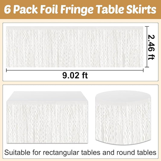 6 Pack 29x108 Inch Macaron White Wave Foil Fringe Table Skirts Metallic Banner for Tinsel Streamer Garland Backdrop for Parade Floats Wedding, Mother's Day, Birthday Mardi Gras Party Decorations